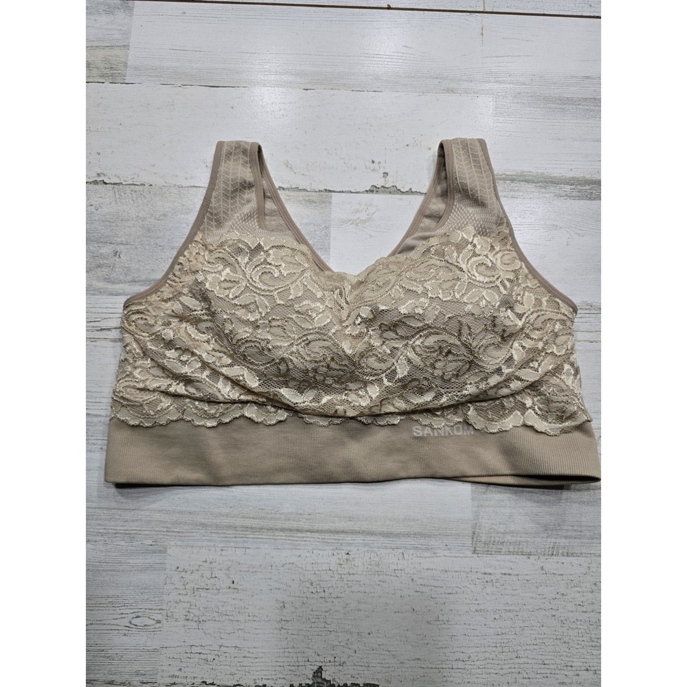 Sankom Patent Lace Bra Beige‎ Nude Posture Support Wireless Bralette XL-XXL